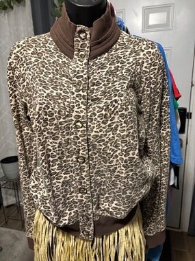 XXI Leopard Print Bomber Jacket with Brown Trim